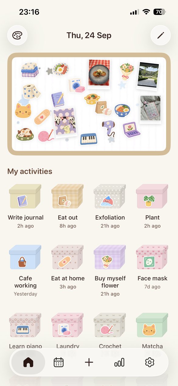 Home: today's corkboard and your activities as pastel boxes