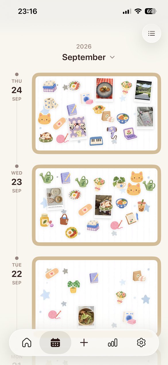 Timeline: each day is a corkboard of sticker illustrations and photos
